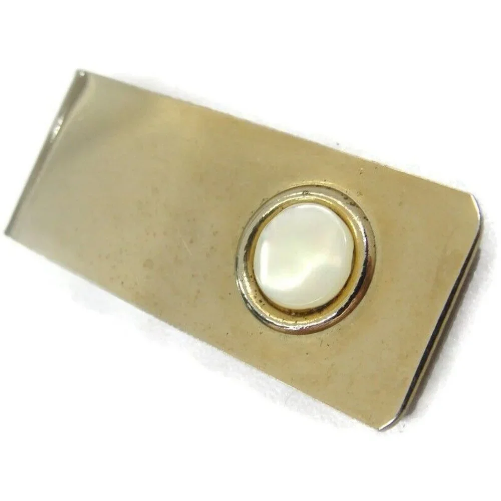 Vintage Money Clip Gold Tone MOP Men Wallet ID Credit Card Holder